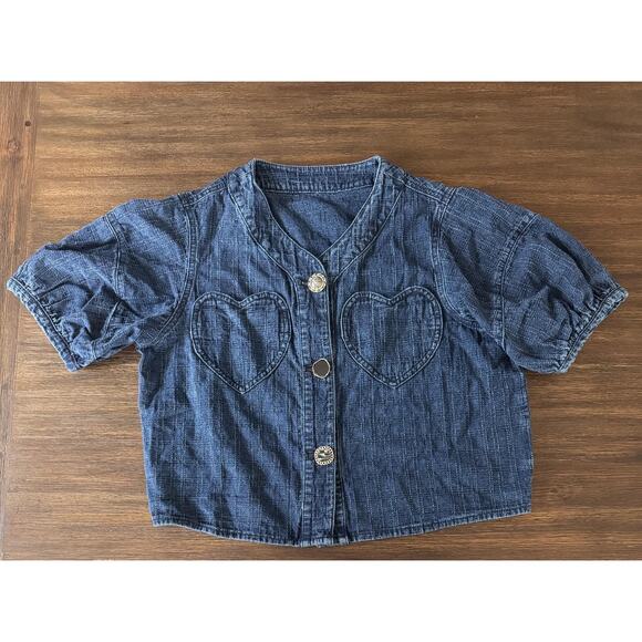 Cropped Jacket Womens Small Puff Sleeve Blue Denim Buttons Heart Pockets KUOSE - Picture 4 of 16